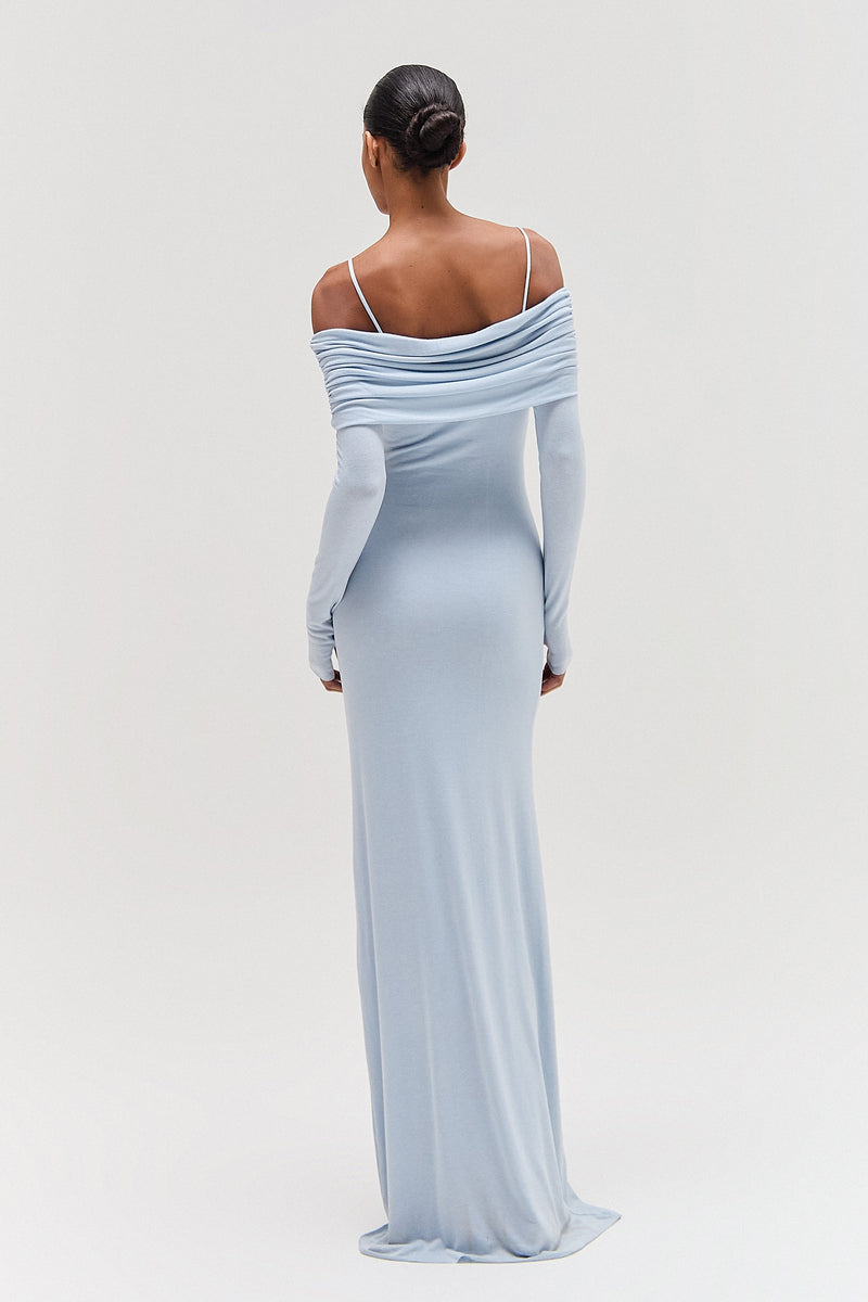VESTIDO LONGO DUPLO PALA DRAPEADA MALHA AZUL CLARO (8579906076899)