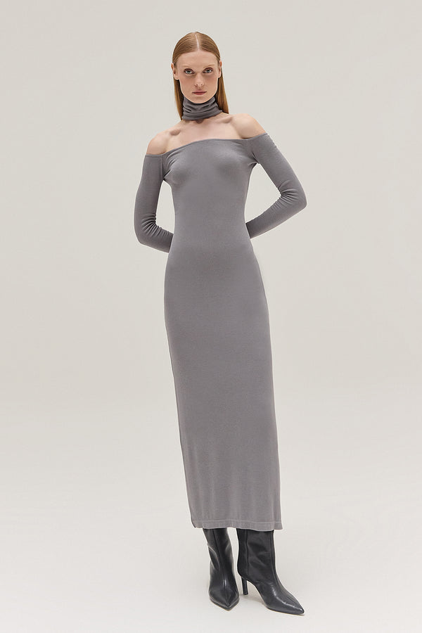 VESTIDO LONGO DECOTE GOLA FALSA MALHA CINZA (8537381404899)