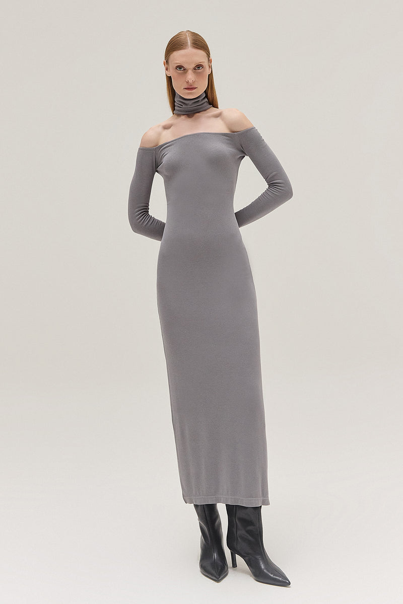 VESTIDO LONGO DECOTE GOLA FALSA MALHA CINZA (8537381404899)