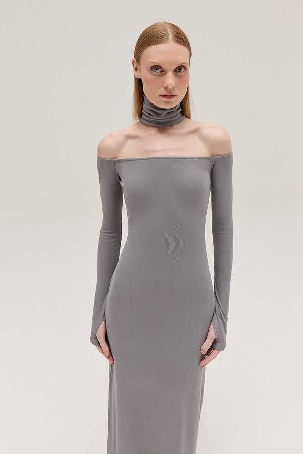 VESTIDO LONGO DECOTE GOLA FALSA MALHA CINZA (8537381404899)