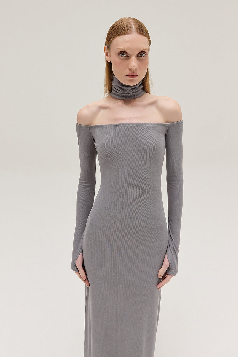 VESTIDO LONGO DECOTE GOLA FALSA MALHA CINZA (8537381404899)