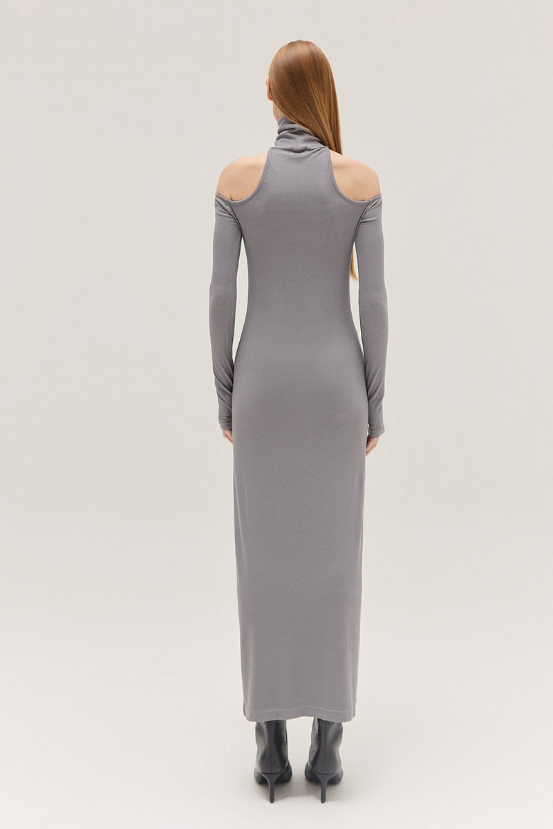 VESTIDO LONGO DECOTE GOLA FALSA MALHA CINZA (8537381404899)