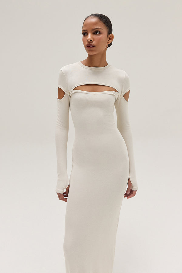 VESTIDO LONGO MANGA LONGA RECORTE COLO E BRAÇO MALHA BEGE (8537381830883)