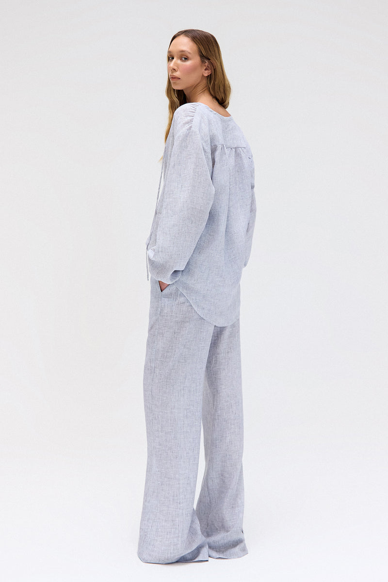 CALÇA ELÁSTICO CÓS LINHO LISTRAS FINAS AZUL ESCURO (8699442659555)
