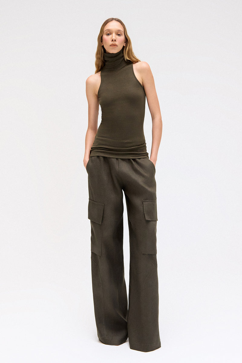 CALÇA CARGO ELÁSTICO CÓS LINHO VERDE MILITAR (8699442331875)