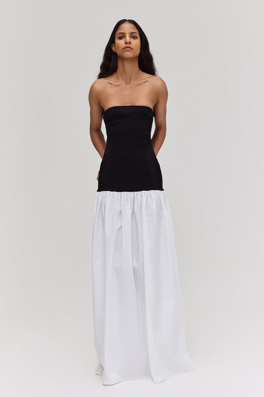 VESTIDO TOMARA QUE CAIA CORPO MALHA PRETA SAIA TRICOLINE OFF WHITE (8672254296291)