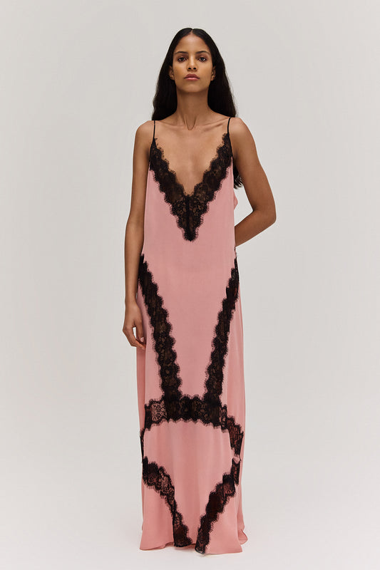 VESTIDO LONGO ALÇA SEDA ENTREMEIOS RENDA ROSA (8672253739235)