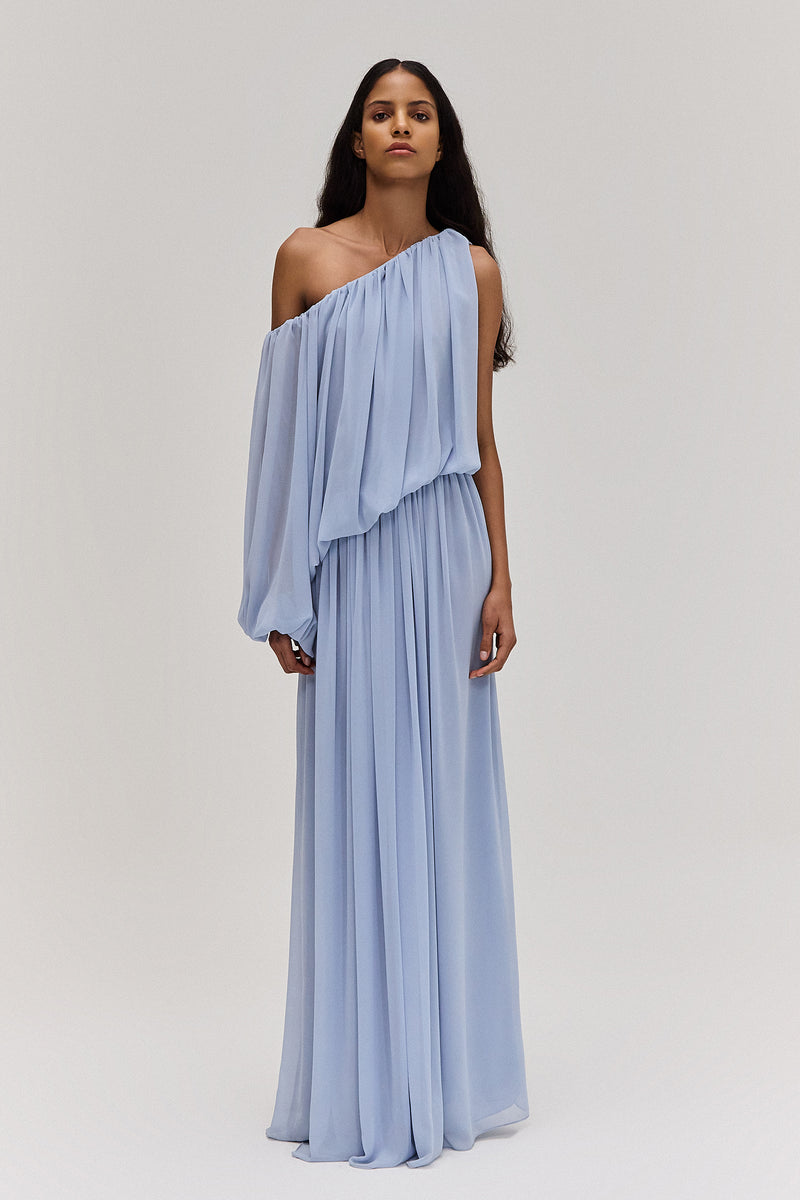 VESTIDO LONGO UM OMBRO DRAPEADO GGT AZUL CLARO – TIG STORE