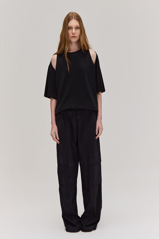 CALÇA CARGO ELÁSTICO CINTURA TRICOLINE PRETA (8672250495203)