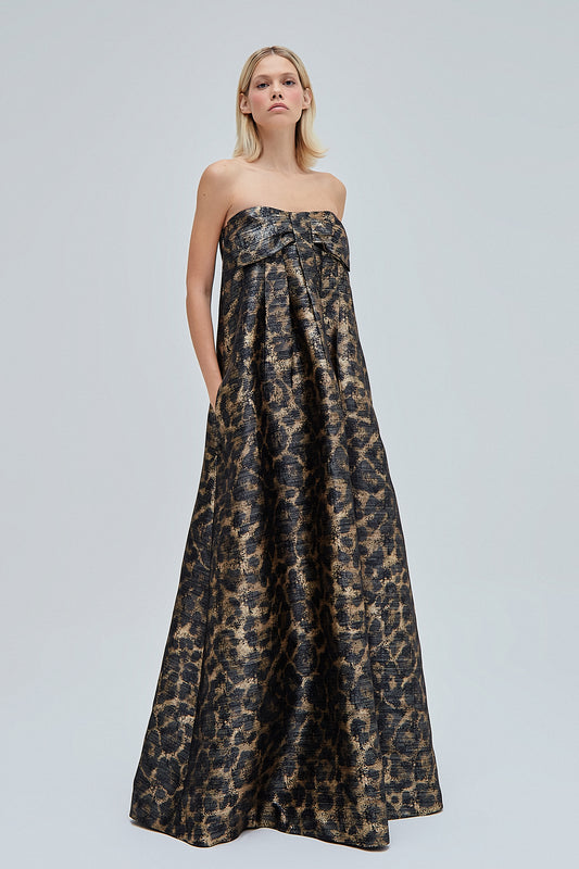 VESTIDO LONGO AMPLO TOMARA QUE CAIA JACQUARD ESTAMPA ONÇA (8362860249315)