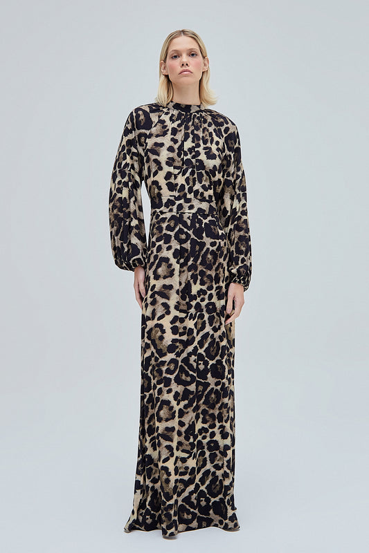 VESTIDO LONGO GOLA  MANGA LONGA CREPE ESTAMPA ONÇA (8362860314851)