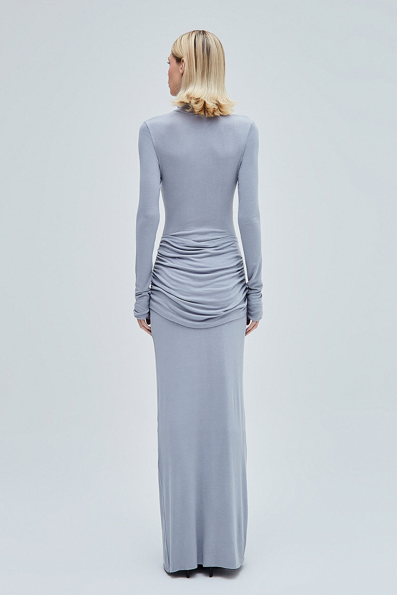 VESTIDO LONGO GOLA ALTA QUADRIL FRANZIDO MALHA CINZA CLARA (8362860380387)