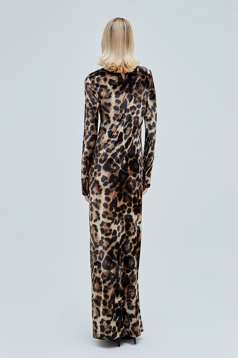 VESTIDO LONGO VELUDO ESTAMPA ONÇA (8362860642531)