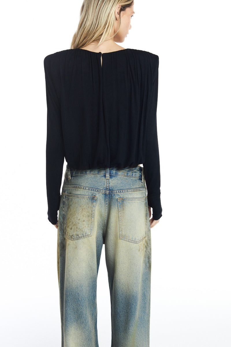 BLUSA DRAPEADA MANGA LONGA MALHA PRETA (8809476260067)