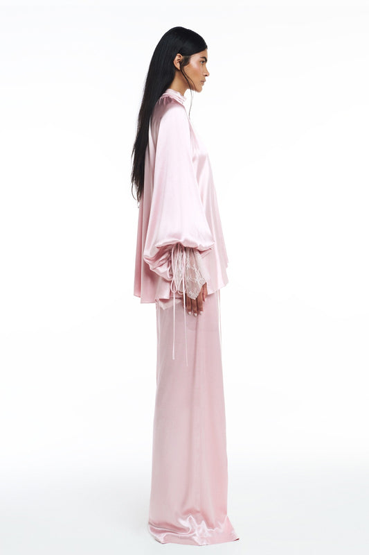 BLUSA GOLA ALTA DRAPEADA CETIM ROSA PUNHO RENDA (8809476522211)