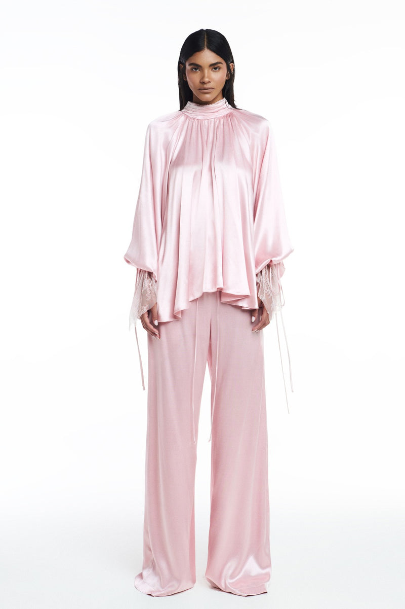 BLUSA GOLA ALTA DRAPEADA CETIM ROSA PUNHO RENDA (8809476522211)