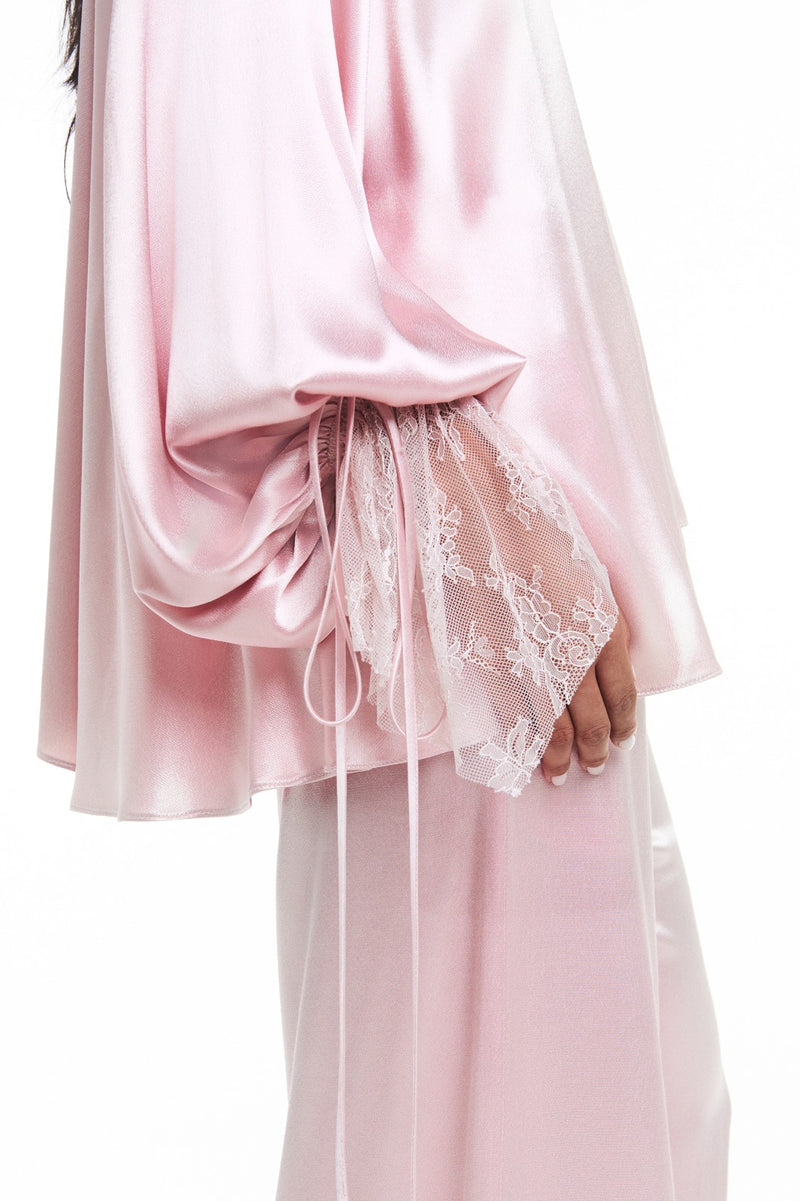BLUSA GOLA ALTA DRAPEADA CETIM ROSA PUNHO RENDA (8809476522211)
