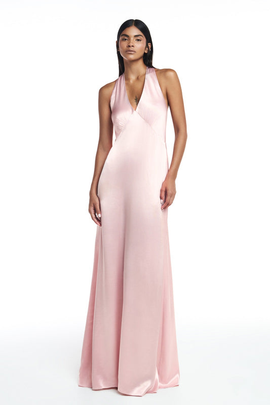 VESTIDO LONGO FRENTE ÚNICA CETIM ROSA (8809478750435)