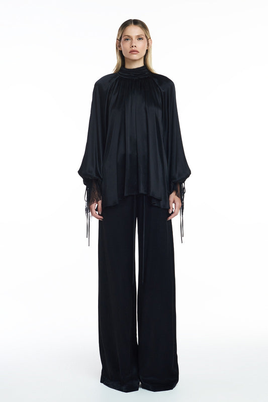 CALÇA CÓS ELÁSTICO CETIM PRETO (8809476980963)