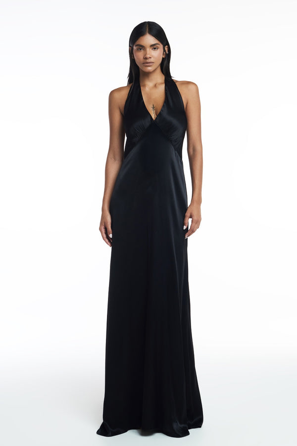 VESTIDO LONGO FRENTE ÚNICA CETIM PRETO (8809478684899)
