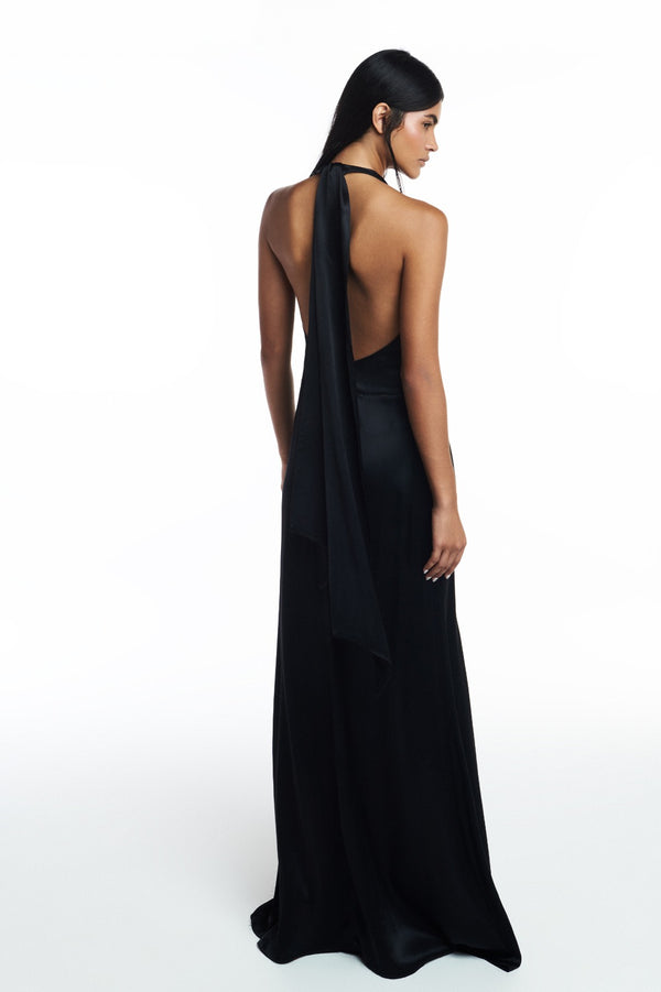 VESTIDO LONGO FRENTE ÚNICA CETIM PRETO (8809478684899)