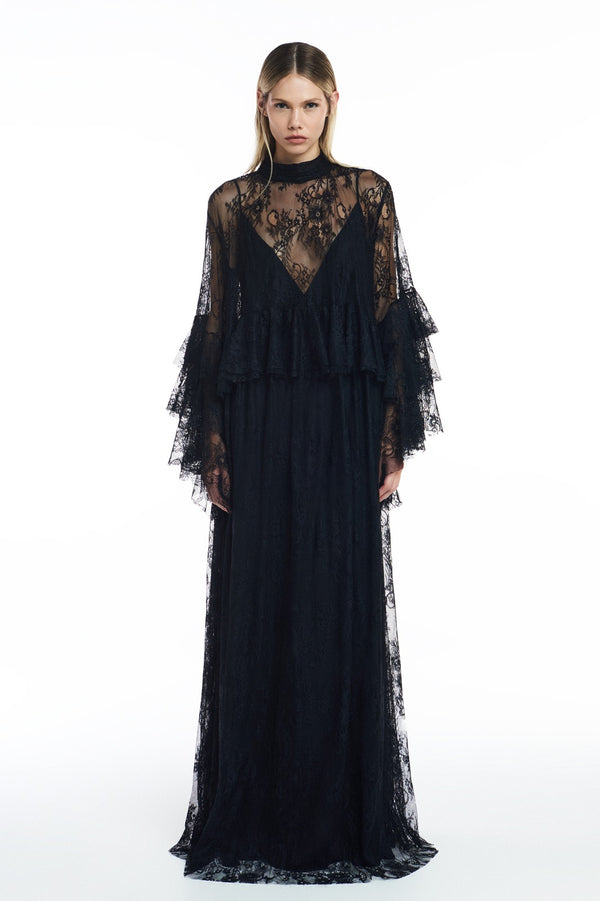 VESTIDO LONGO GOLA ALTA BABADOS CINTURA E MANGAS RENDA PRETA (8809478979811)