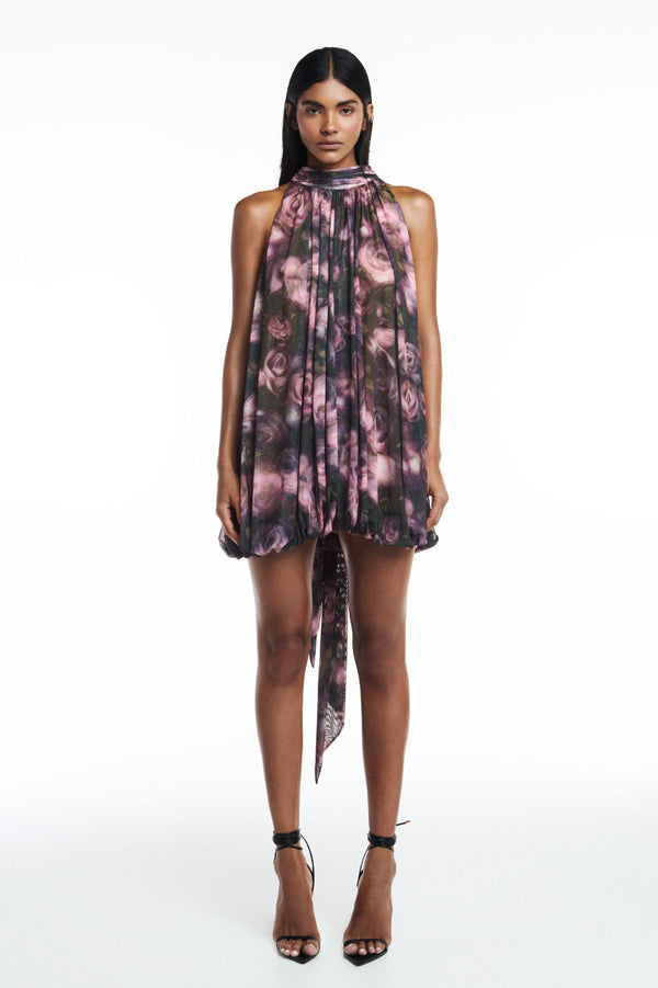 VESTIDO CURTO BALONÊ GOLA ALTA SEM MANGA TULE FLORAL (8809478488291)