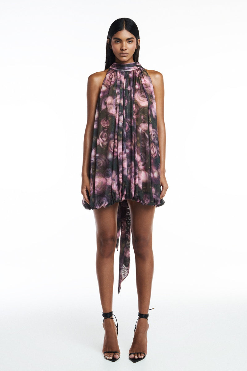 VESTIDO CURTO BALONÊ GOLA ALTA SEM MANGA TULE FLORAL (8809478488291)