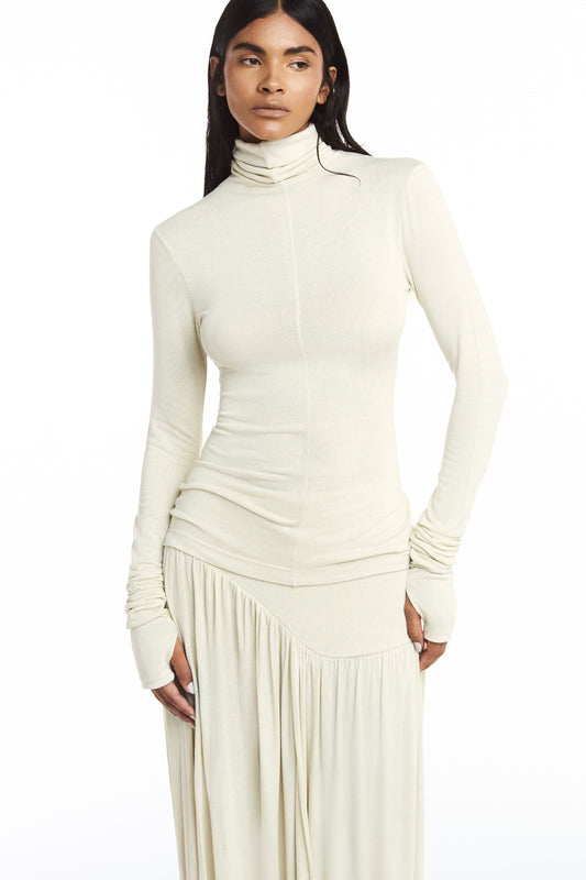 BLUSA MANGA LONGA GOLA ALTA MALHA BEGE (8809476587747)