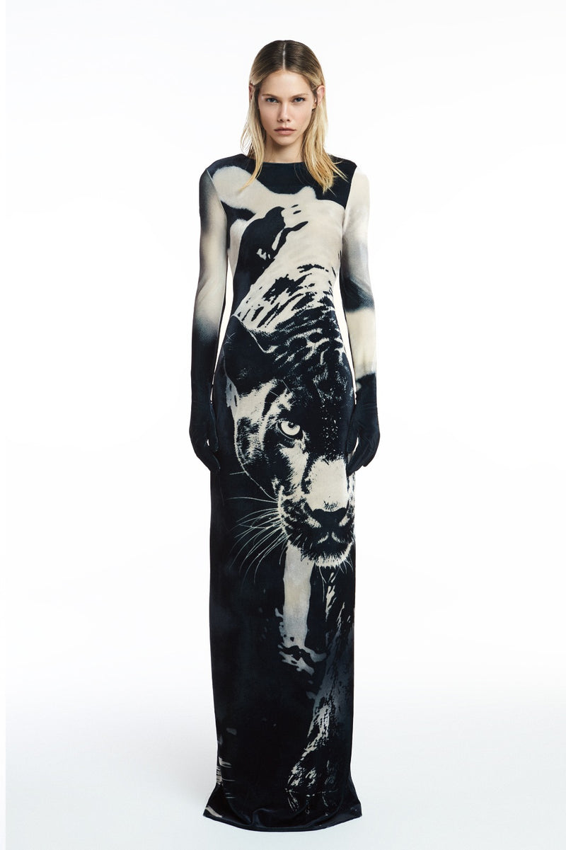 VESTIDO LONGO MANGA LONGA LUVAS VELUDO PANTERA (8809479045347)