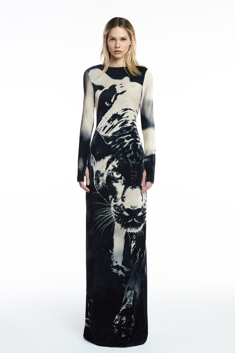 VESTIDO LONGO MANGA LONGA LUVAS VELUDO PANTERA (8809479045347)