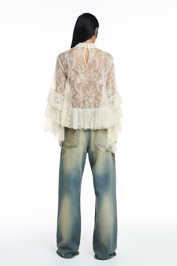 CALÇA JEANS PERNA RETA MANCHADA COM RASGOS (8811319787747)