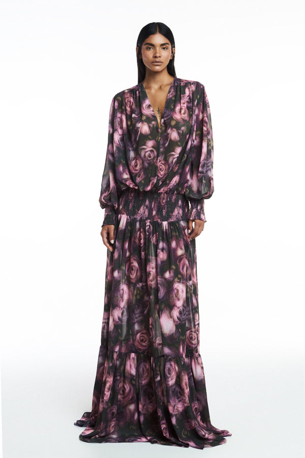 VESTIDO LONGO MANGA LONGA FAIXA LASTEX QUADRIL GGT FLORAL (8809479012579)