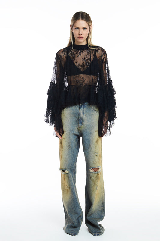 CALÇA JEANS PERNA RETA MANCHADA COM RASGOS (8811319787747)