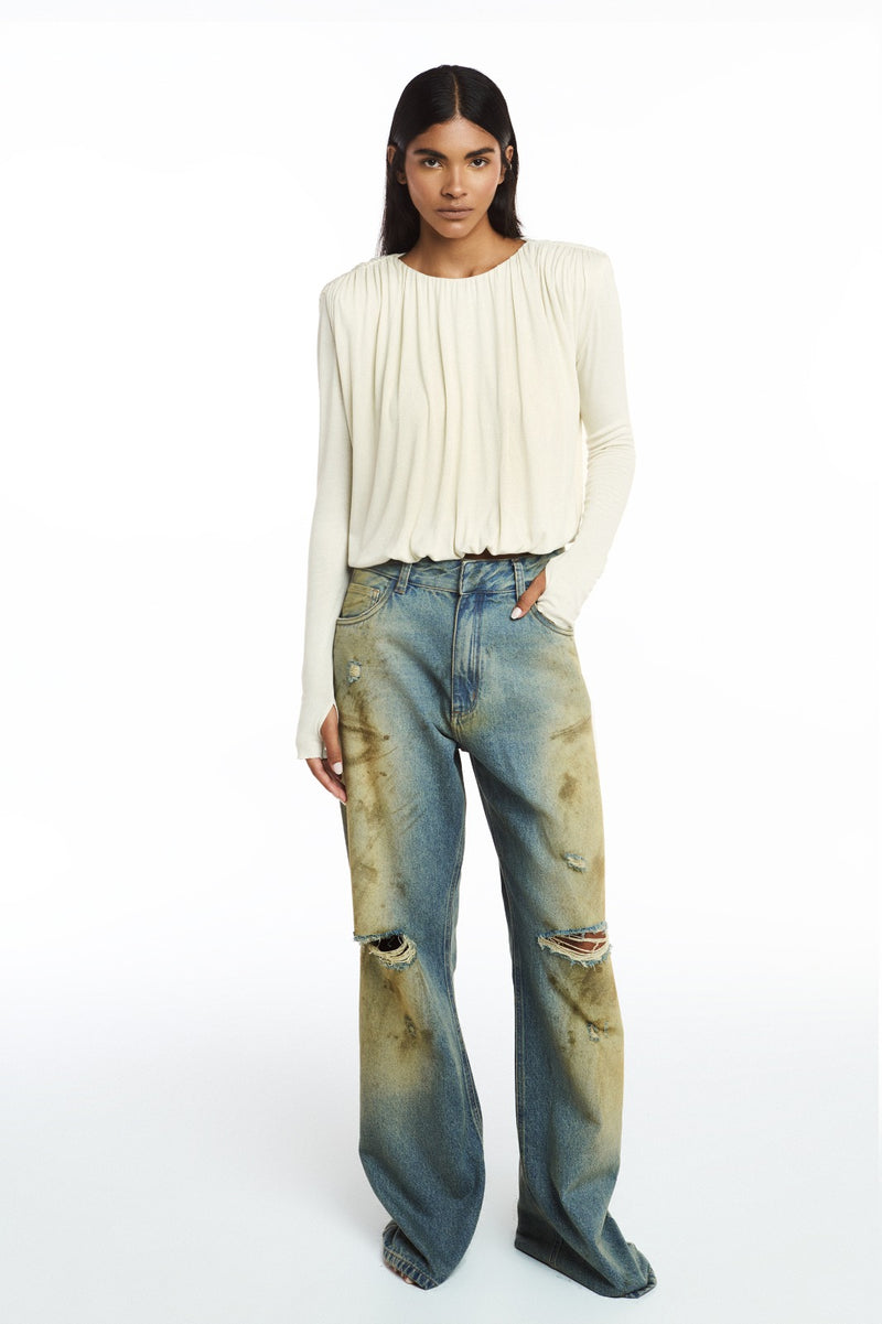 BLUSA DRAPEADA MANGA LONGA MALHA BEGE (8809476194531)