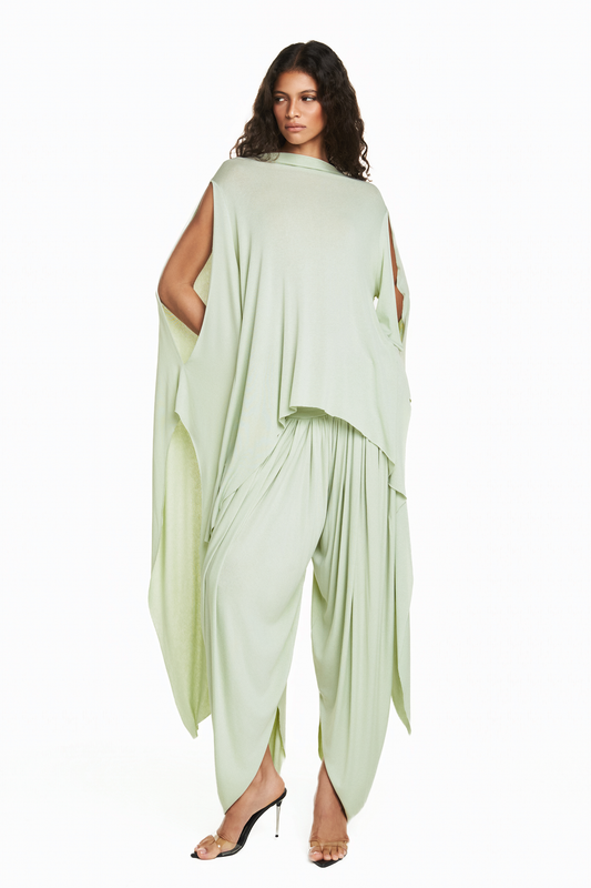 CALÇA PALA DRAPEADA PERNA AMPLA MALHA VERDE CLARA
