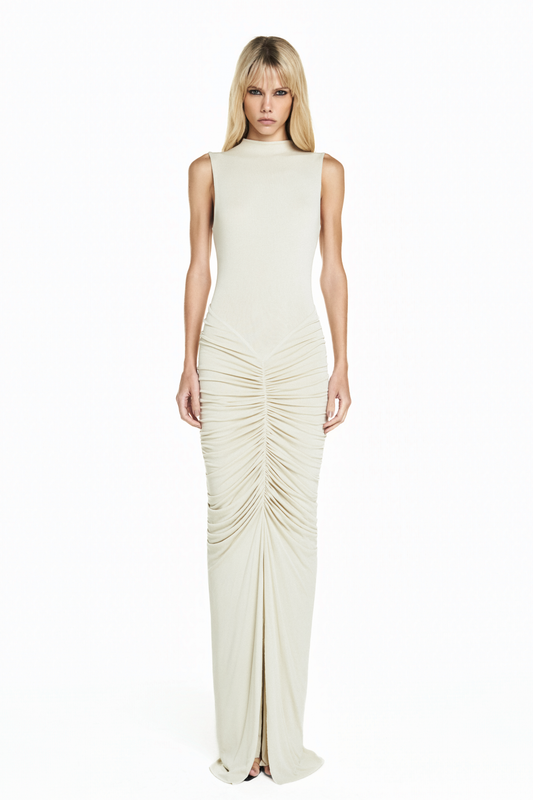 VESTIDO LONGO SEM MANGA SAIA DRAPEADA MALHA BEGE