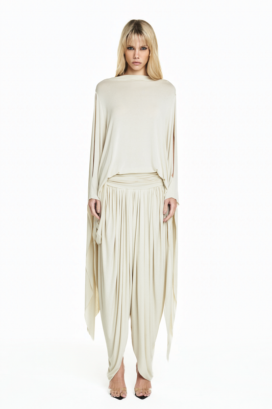 BLUSA AMPLA MANGA COM PONTA MALHA BEGE