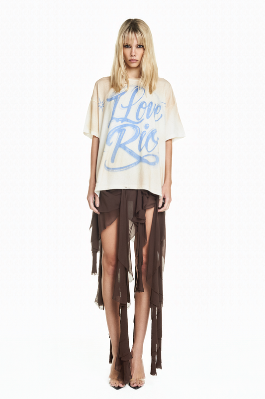 MINI SAIA BABADOS ASSIMÉTRICOS CHIFFON MARROM