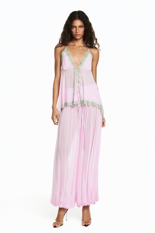 REGATA FRENTE ÚNICA CHIFFON ROSA RENDA VERDE