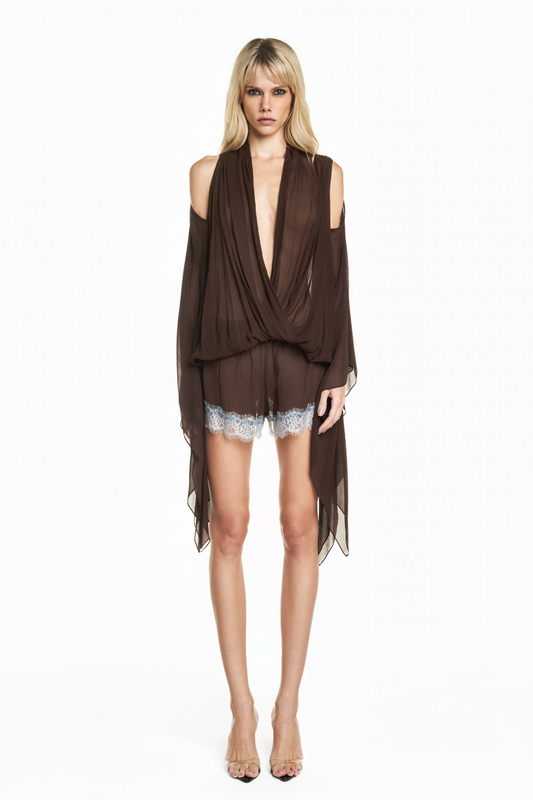 SHORTS ELÁSTICO CÓS CHIFFON MARROM RENDA AZUL