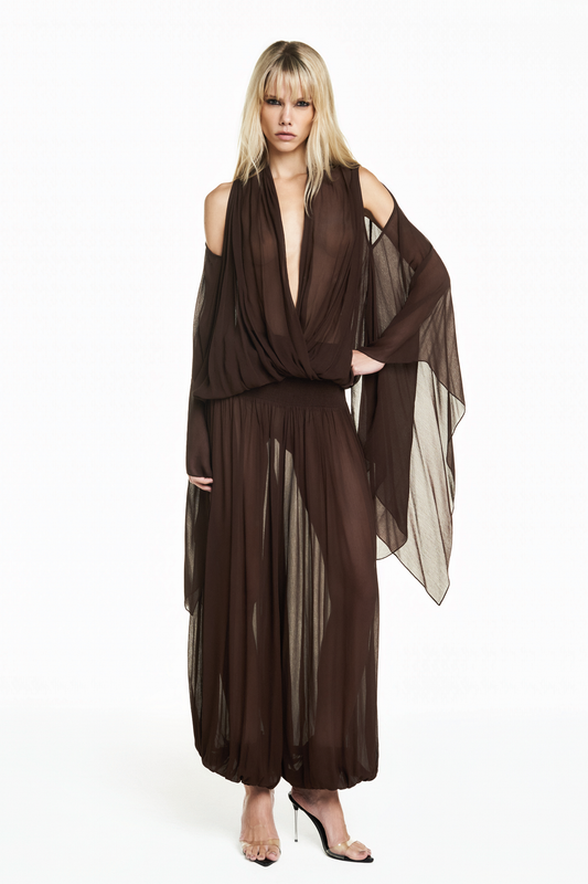 BLUSA DECOTE TRANSPASSE ELÁSTICO CINTURA MANGA AMPLA CHIFFON MARROM