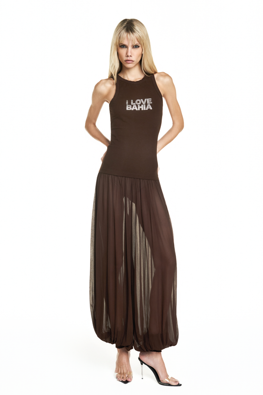 CALÇA PALA LASTEX CHIFFON MARROM