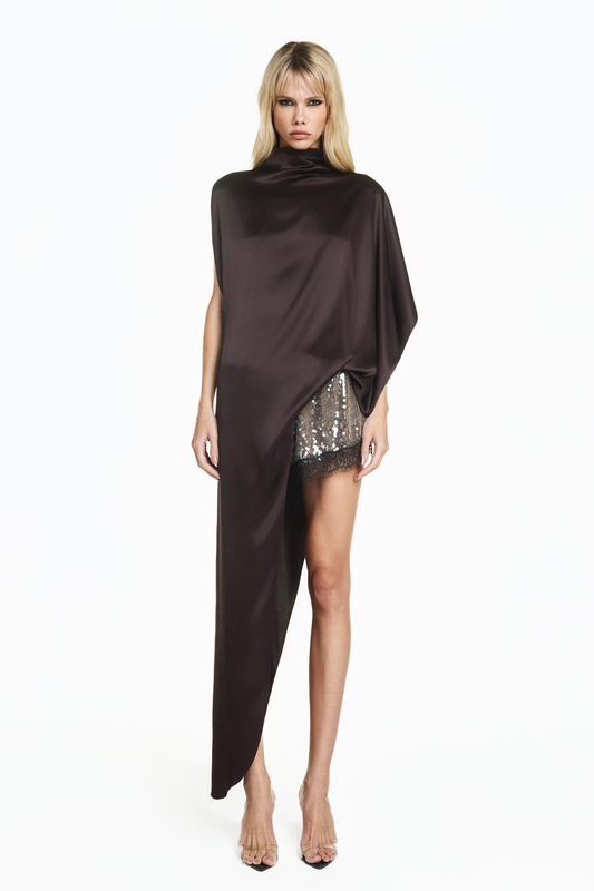 BLUSA KAFTAN ASSIMÉTRICA CETIM MARROM