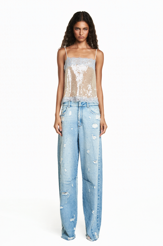 REGATA PAETÊ CREME RENDA AZUL