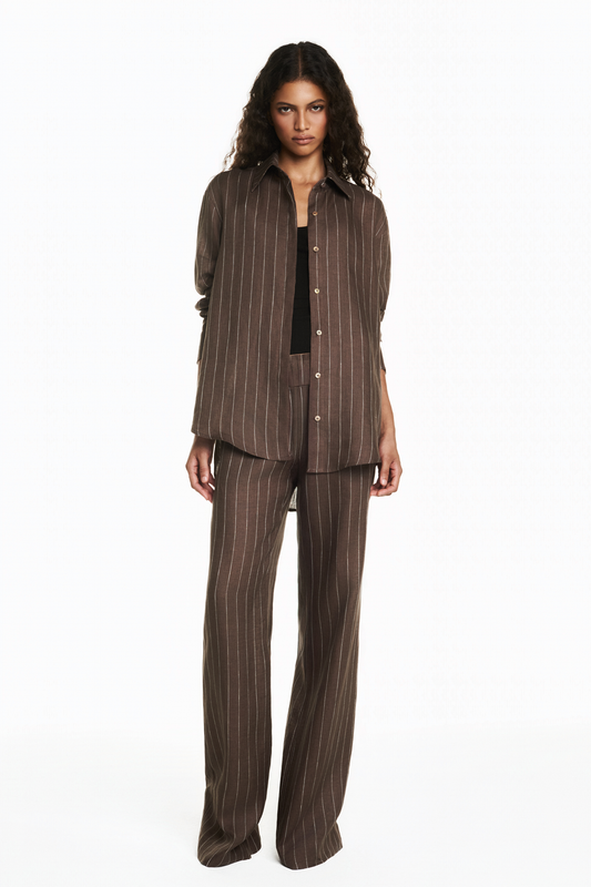 CALÇA ELÁSTICO CÓS LINHO LISTRADO MARROM