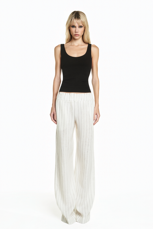 CALÇA ELÁSTICO CÓS LINHO LISTRADO OFF WHITE