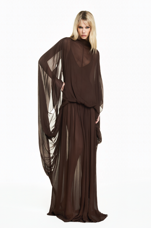 VESTIDO LONGO AMPLO CAPA CHIFFON MARROM