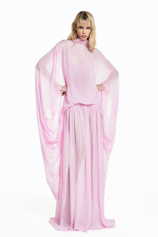 VESTIDO LONGO AMPLO CAPA CHIFFON ROSA