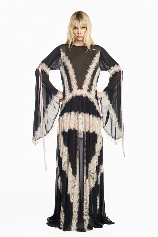 VESTIDO LONGO MANGA LONGA CHIFFON PRETO COM RENDA BEGE